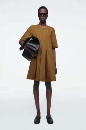 COS Women's Pleated Zip Up Cotton Mini Dress in Beige