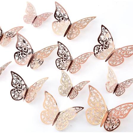 Rose Gold 72st 3d Butterfly Stickers 3 storlekar Väggdekor Sovrumsväggdekoration för Sovrumsfest Bröllop