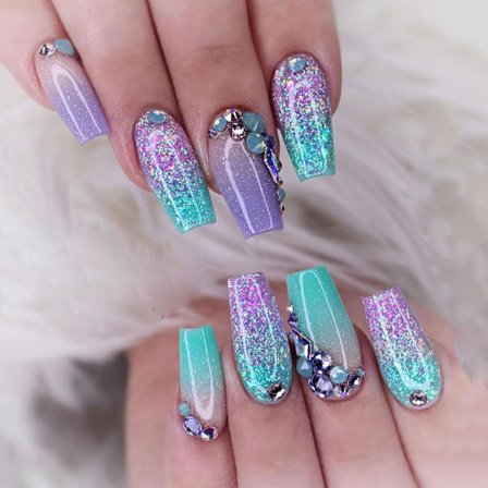 24 st Kista Falska Naglar Medium Lila Grön Glitter Press-on Naglar Akryl Full Cover Falska Naglar med Strass Artificiella