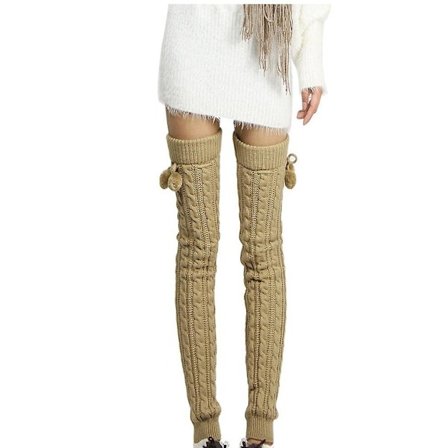 Höst/vinter damstrumpor i stickat material, över knäet, termiska med boll (brun)