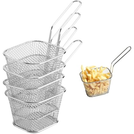 4 x rustfrie stål pommes frites kurver til servering med håndtak, mesh fransk pommes frites dyp stekekurv for reker løkringer