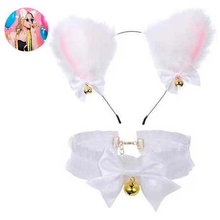 Svart katt räv fuskpäls öron pannband + klocka choker krage med klocka båge