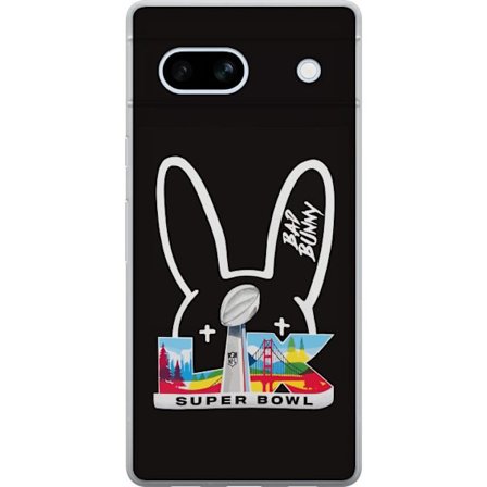 Kompatibel Mobilcover til Google Pixel 7a Bad Bunny portræt med åben skjorte, tatoveringer og krøllet hår i stilfuld modefotografering