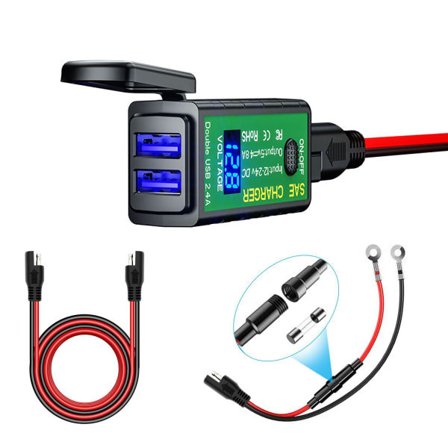 Vanntett USB-lader for motorsykkel, SAE til USB-adapter med bryter og LED-voltmeter, for telefoner, iPad, GPS 12V/24V Lefou