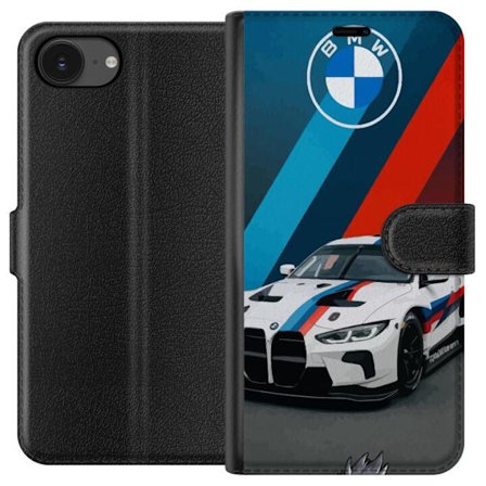 Kompatibelt Plånboksfodral till Apple Apple iPhone 16e BMW M Sport design med vit racingbil och klassiska M ränder exklusivt bilmotiv perfekt för m