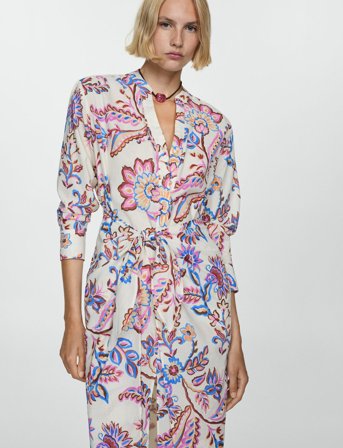 Mango Floral Print Dress With Bow - Cream - XS