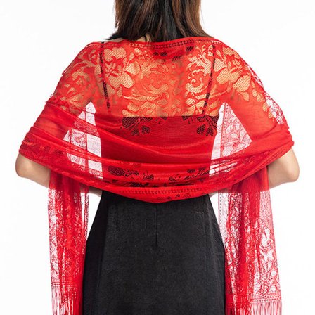 Dam Pashmina Sjal i Spets med Fransar - Perfekt för Fester, Baler och Bröllop