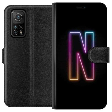 Yhteensopiva Lompakkokotelo Xiaomi Xiaomi Mi 10T Pro 5G Minimalistinen neonkirjain N värinvaihtuvassa valossa mustaa taustaa vasten