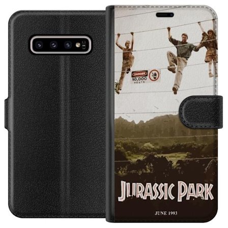 Kompatibelt Lommeboketui til Samsung Samsung Galaxy S10+ Jurassic Park 1993 alternativ filmaffisje med ikonisk scene, elektrisk gjerde og retrostil