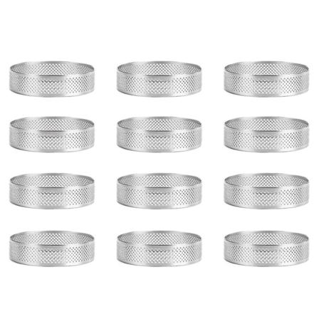 12 pakke terteringer i rustfritt stål, perforert kakemoussering, kakeringeform, rund kakebaking 6 cm Silver