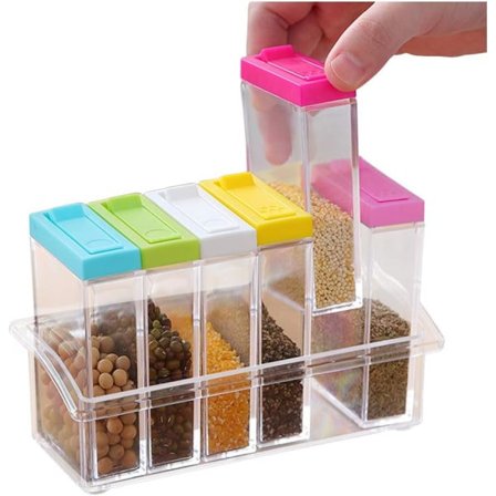 CDQ Sæt med 6 klare krydderkrukker i plast, opbevaring af krydderier, salt, sukker og peber