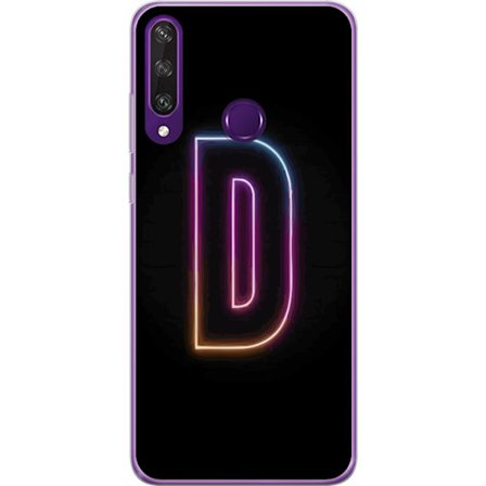Kompatibel Mobilcover til Huawei Huawei Y6p Minimalistisk neonbogstav D i farveskiftende lys mod sort baggrund i moderne digital design