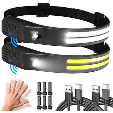 LED pandelamper, genopladelige, 2-pak, 230° vidvinkel, 2 LED hvidt lys sensor vandtætte pandelamper, ideelle til jogging, fiskeri og løb.