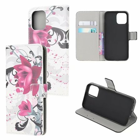 Fodral för iPhone 13 Lotus målat läder kortplats plånbok tryck