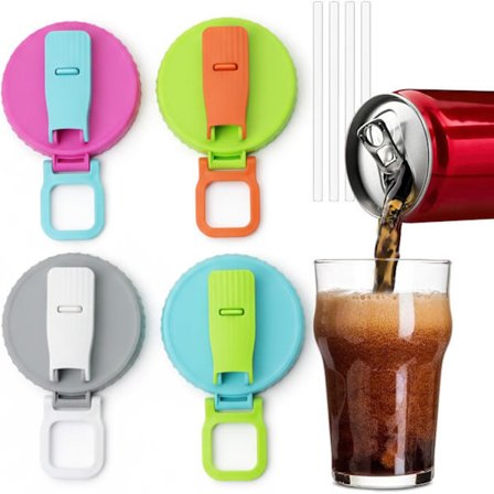 4-pakning med lokk for brusbokser, silikonstrå, gjenbrukbare lokk for å bevare bobler, lekkasjesikre og BPA-frie.