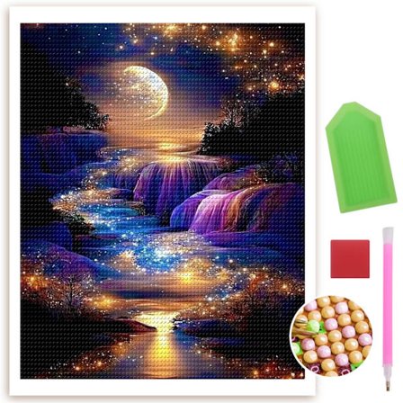 Stjärnklara Berg och Floder Diamantkonst-kit för Nybörjare 5D Full Runda Borr Diamantmålningskit Runda Full Borr Diamantmålningskit