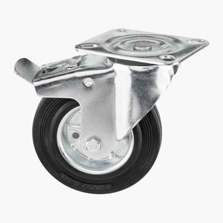 Biltema - Transporthjul med Rullelager, Slitebane av Gummi, Metallfelg og Sving/Bremse - 33 5 x 125 mm