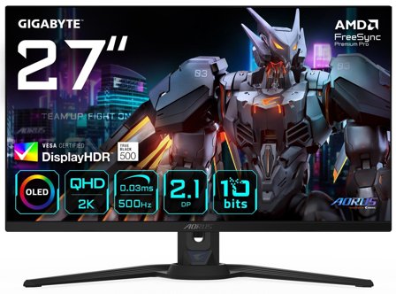 Gigabyte AORUS FO27Q5P OLED QHD Gaming-Monitor – 2560 x 1440, 500Hz, 0,03ms, KVM, 300 cd/m², FreeSync Premium Pro, DisplayHDR True Black 500,