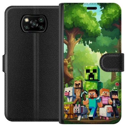 Kompatibelt Lommeboketui til Xiaomi Poco X3 NFC Blokkete pikselerte spillverden med grønne figurer og dyr i frodig skogsmiljø