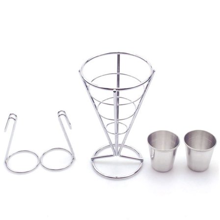 Fransk Pommes Frites Stativ Kurv Konstruktion Spiral Kegle Form Jern Forkromet 14x10cm Stålfarve til Restauranter