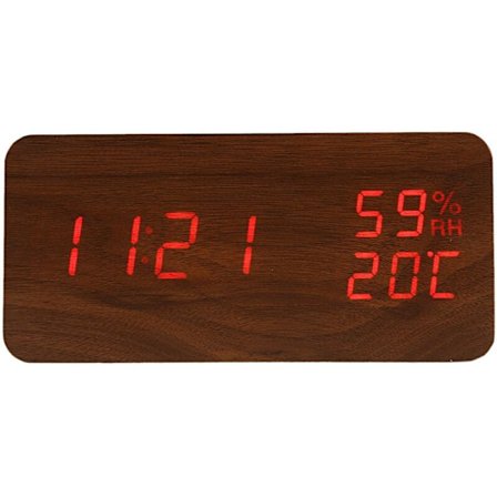 Moderne LED-vækkeur Elektronisk bordur Digitalt bordur Temperatur Fugtighed, Brun + Røde undertekster