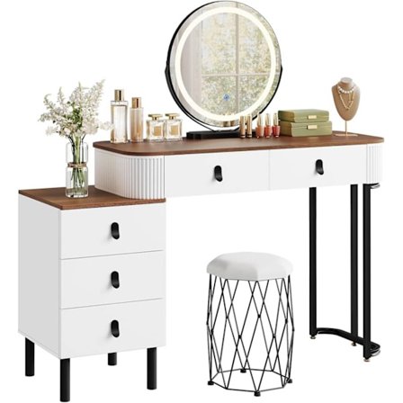 Rootz Dressing Table Set - Makeup Vanity - Beauty Station - Dæmpbar LED Mirror - Velvet Affol - White -brown - 100 x 126 x 40 cm