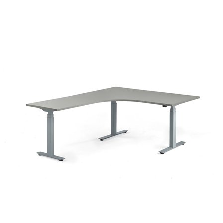 Výškově nastavitelný stůl MODULUS, rohový, 1600x2000 mm, stříbrný rám, světle šedá