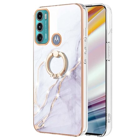 Marble Mønstret Cover med Ring Holder til Motorola Moto G40 Fusion / Moto G60 - Hvid Marmor Haze