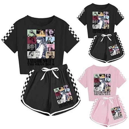 7-14-vuotiaiden tyttöjen Taylor Swift The Eras Tour -kesän rento T-paita ja shortsit -setti pyjama loungewear -asu urheiluasu vaatteet-WELLNGS Black 7