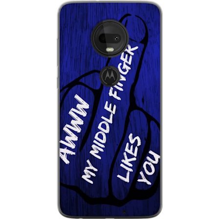 Kompatibelt Mobildeksel til Motorola Moto G7 Mørk typografisk illustrasjon med hjerteform og budskap om vennskap mot dyp blå tretekstur