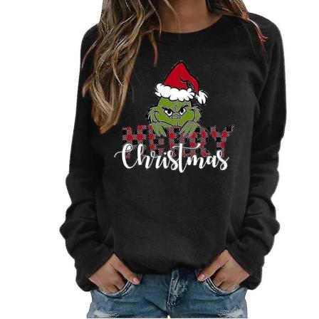 Kvinders Juletrøje med Grinch Print, Langærmet, Rundhals, Casual Pullover Top, Gave (FMY) Black XL