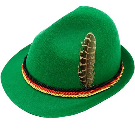 Vihreä alppihattu sulalla, asuste päähine Oktoberfest-asutapahtumiin, huopamateriaali perinteinen muotoilu kolmivärisellä köysipannalla