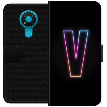 Yhteensopiva Lompakkokotelo Nokia Nokia 3.4 Neonkirjain V värikoodattu valossa mustaa taustaa vasten, minimalistinen muotoilu selkeällä hehkulla ja
