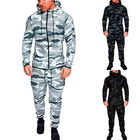 Män Camouflage Joggers Hoodies Träningsoverall Zip Sport Byxor Set
