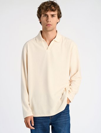 Lindbergh V-Neck Jacquard Polo L/S - Cream - L
