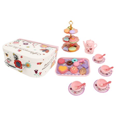 Lekesett for ettermiddagste for barn med tekanne, kopper, tallerkener, dessert og godteri