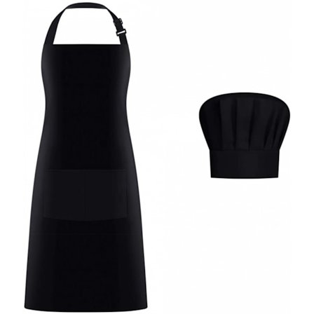 Forkle og kokkehattsett, justerbart forkle Baker kokkehatt kvinner menn, svart