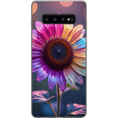 Kompatibelt Mobildeksel til Samsung Galaxy S10 Irideserende blomst med glitrende kronblad i rosa lilla og gull mot myk bokeh bakgrunn