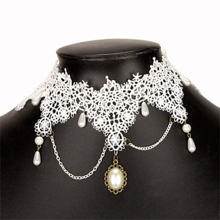 Brett Retro Gothic Choker / Halsband - Vit Spets & Pärlor