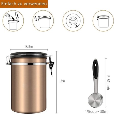 Kaffebehållare, kaffeburk, aromatät, 500 g bönor, kaffeburk, lufttät, rostfritt stål