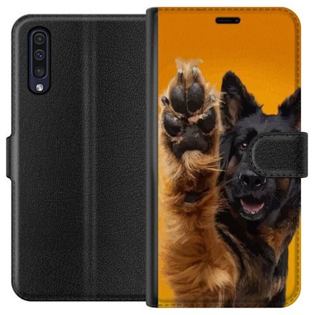 Kompatibelt Plånboksfodral till Samsung Samsung Galaxy A50 Glad hund vinkar med tassen charmigt djurporträtt på gul bakgrund perfekt för hundälsk