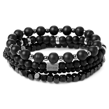 Black Onyx, Hematite & Wood Bead Bracelet Set for Men - Beaded bracelets