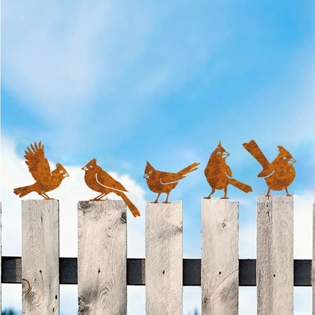 5-pak Rustne Metalfugle – Havedekoration & Udendørs Ornament, Fuglesilhuetter i Metal_OF