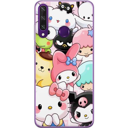 Kompatibelt Mobildeksel til Huawei Y6p Tett mønster av søte figurer med store øyne i ulike farger og uttrykk med LABUBU-tekst