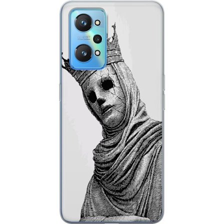 Realme GT Neo2 Gennemsigtig cover Mørk konge illustration krone maske gotisk kunst uhyggelig æstetisk sort hvid horror middelalderlig krone mystisk
