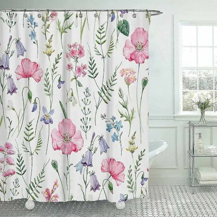 Dusjforheng Akvarell Blomster Planter Dusjforheng Sett Trykt Vanntett Polyester Dusjforheng (Rosa)