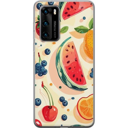 Kompatibel Mobilcover til Huawei P40 Legesyg frugtillustration med vandmelon, citrus, jordbær, kirsebær og bær