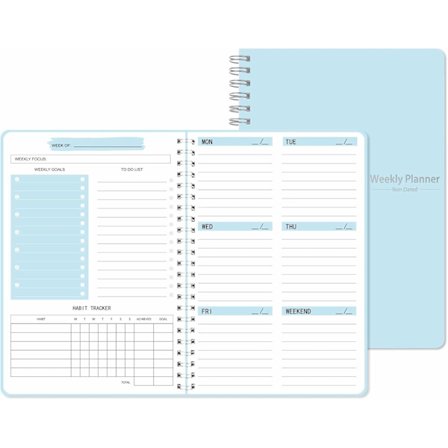 Udateret ugeplanlægger, inkluderer ugentlig to-do liste, mål og vane tracker, A5 størrelse (14,5 cm x 20,3 cm), spiralindbundet.