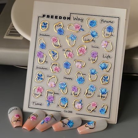 Blomster Negleklistremerker, 3 Ark, 5D Preget Negledekor Neglekunst Design Selvklebende Negleutstyr, Fargerike Rose Negleklistremerker for Kvinner 