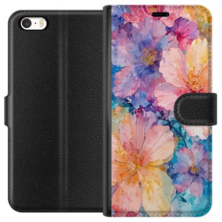 Kompatibelt Lommeboketui til Apple Apple iPhone 5s Akvarellmaling med store blomster i rosa, blå og gule toner i en myk kunstnerisk stil.